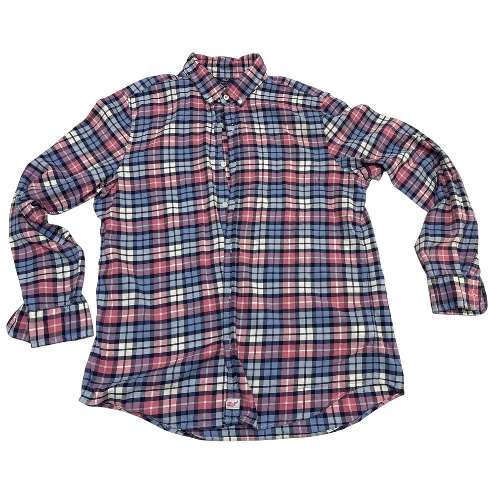 Vineyard Vines Slim Fit Murray Shirt Blue Pink Plaid Cotton Linen Mens